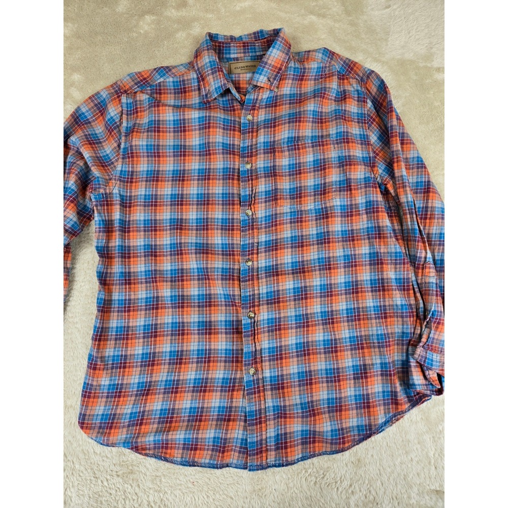 Clearwater Outfitters Mens Plaid Button Down Shirt Blue Orange Cotton‎ Large